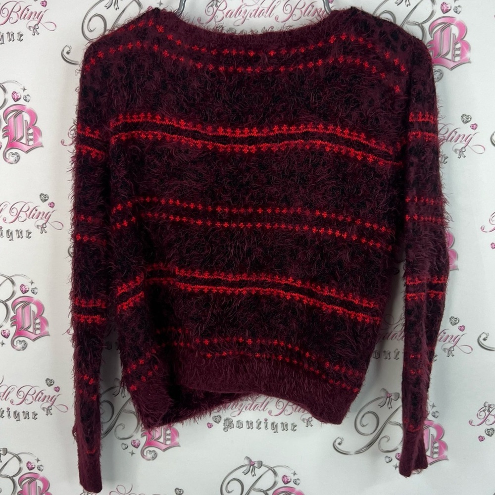 Jessica Simpson sweater furry fuzz stripes Burgundy and Red Fuzzy Sweater - Picture 2 of 8